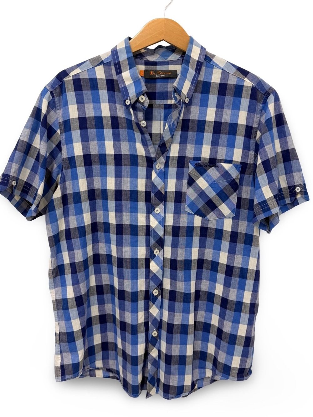 Ben Sherman Short Sleeve Blue Checkered Button Down Size XL